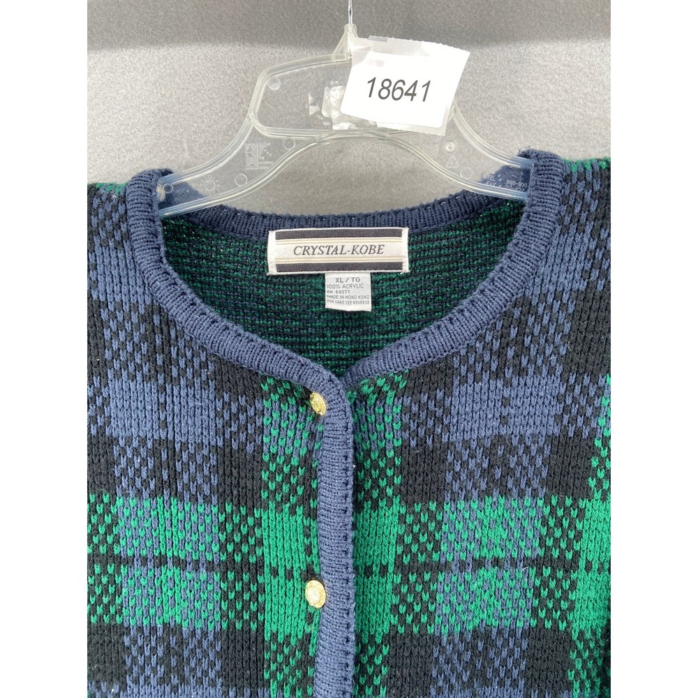 VTG Crystal Kobe Cardigan Womens Sz XL Blue Green Plaid Button‎ Front Sweater - Picture 12 of 12